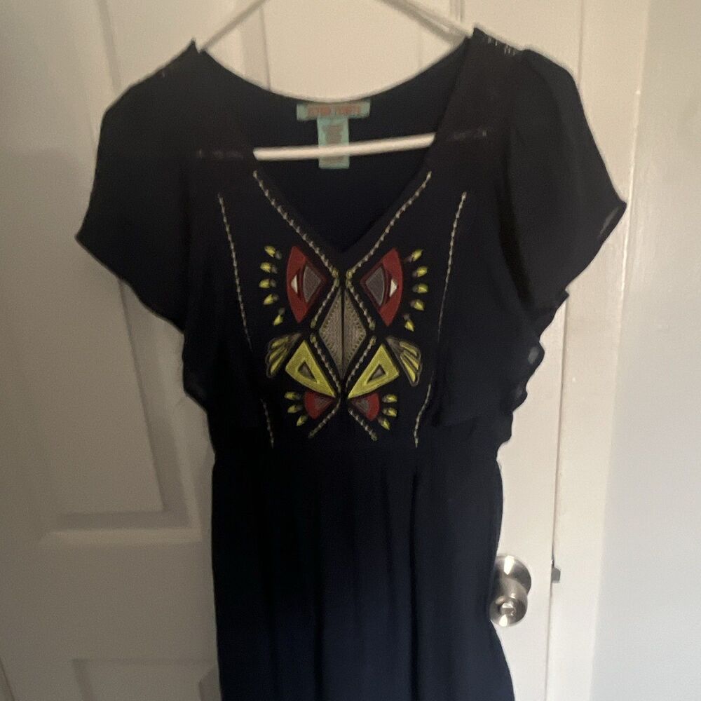 Flying Tomato Women's Navy Boho Embroidered V-Neck Dress Short Sleeve S